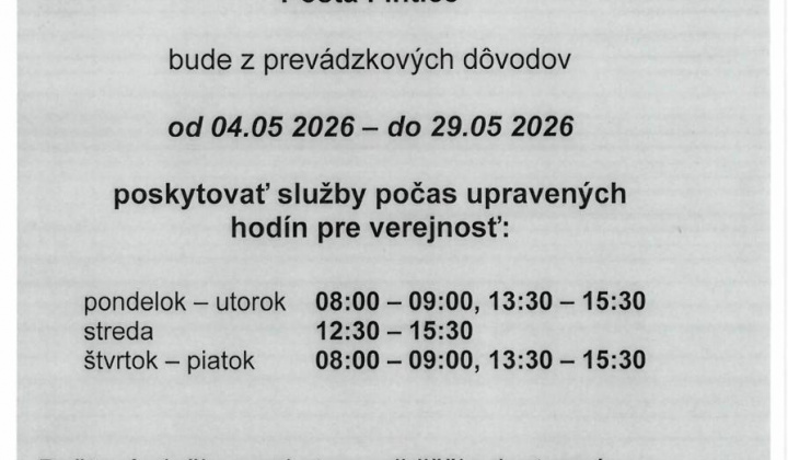 Fotka - Upravené otváracie hodiny na pošte - máj 2026