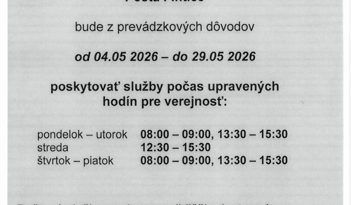 Fotka - Otváracie hodiny na pošte vo Finticiach