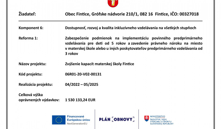 Fotka - Zvýšenie kapacít materskej školy Fintice