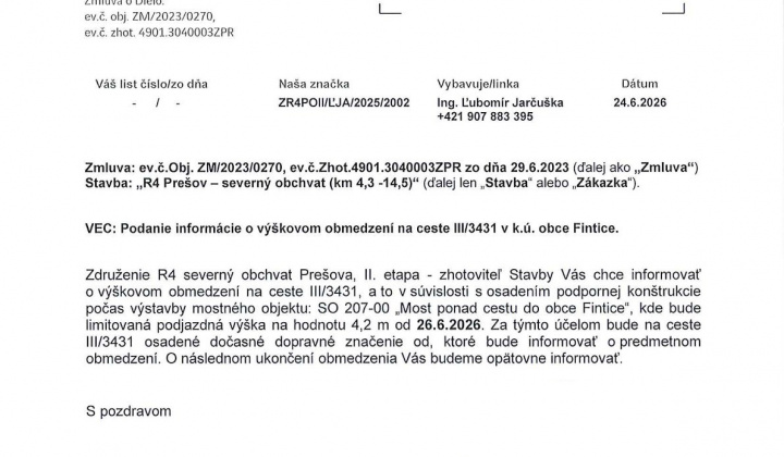 Fotka - Výškové obmedzenie na ceste III/3431 Fintice
